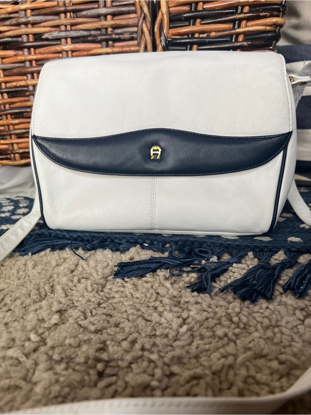Classic Etienne Aigner White and Navy Crossbody Shoulder Bag